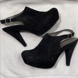 Black suede sling back mule heel